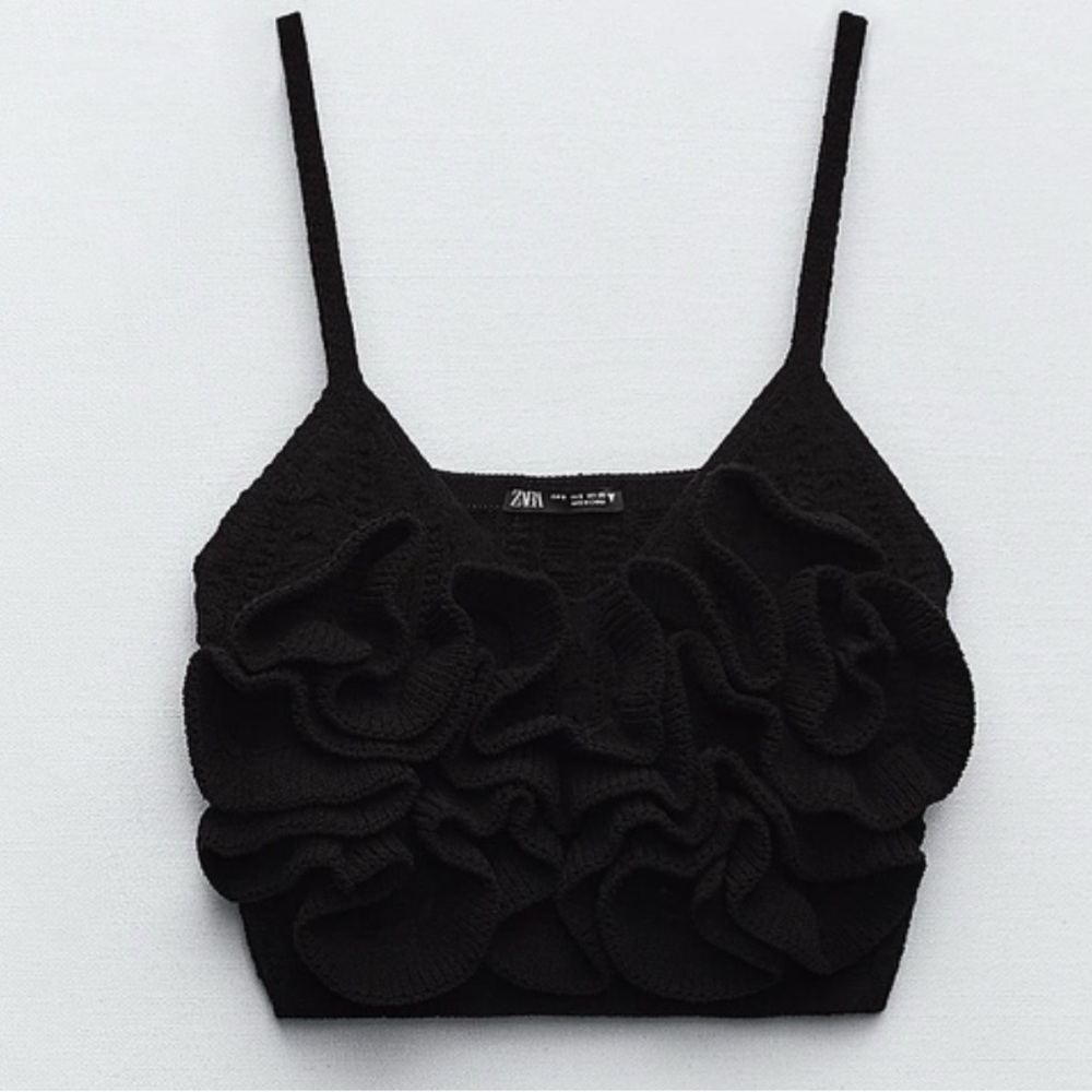 ZARA black ruffled chenille crop top size large - Picture 6 of 13